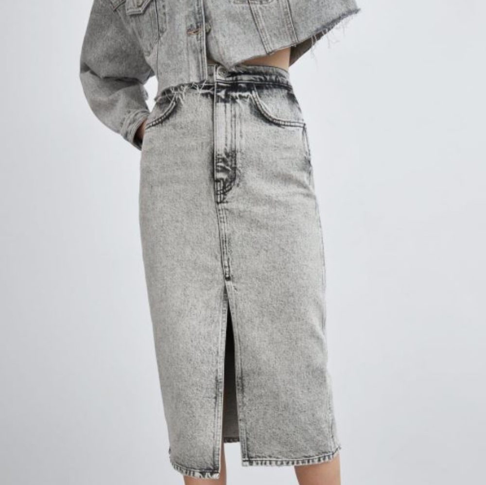 ZARA Grey Acid Wash Denim Midi Skirt